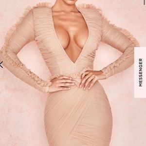 BLUSH PLEATED TULLE DEEP V DRESS